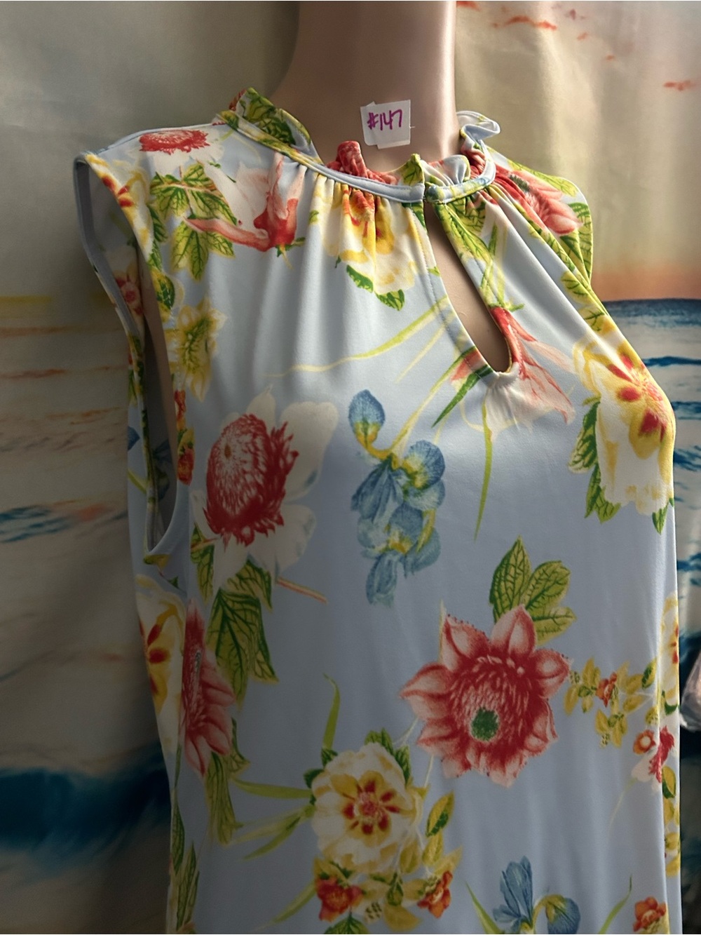 New York. & Co 7th Avenue Keyhole Floral Sleeveless Blouse Blue & Yellow LG - Picture 5 of 12